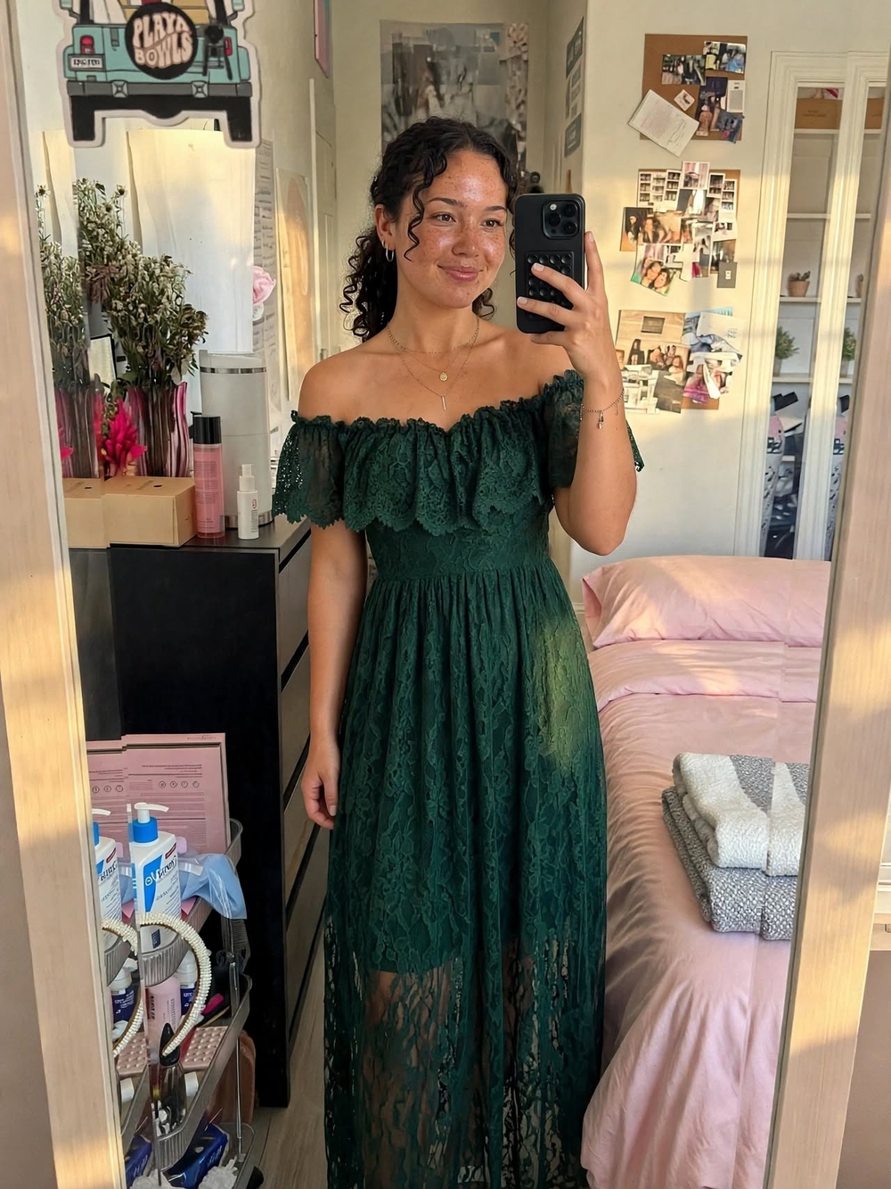 Women's Off-Shoulder Lace Maxi Dress in Dark Green